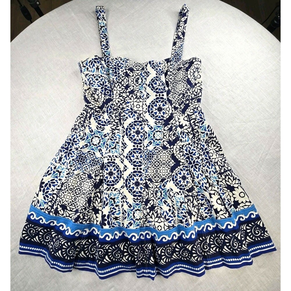 Avec Les Filles Blue White Floral Mosaic Fit & Flare Dress 14 NWT